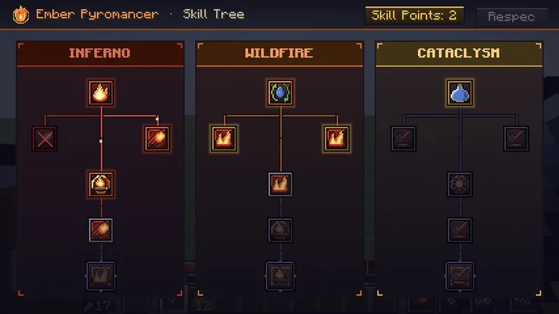 The Ember Pyromancer skill tree in game, with its Inferno, Wildfire and Cataclysm branches.