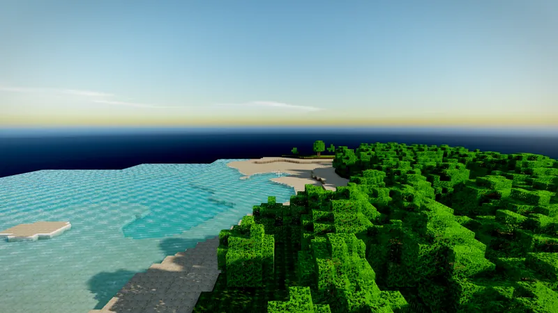 In-game view of a generated world: a turquoise lagoon, a sand beach and forest under a clear sky.