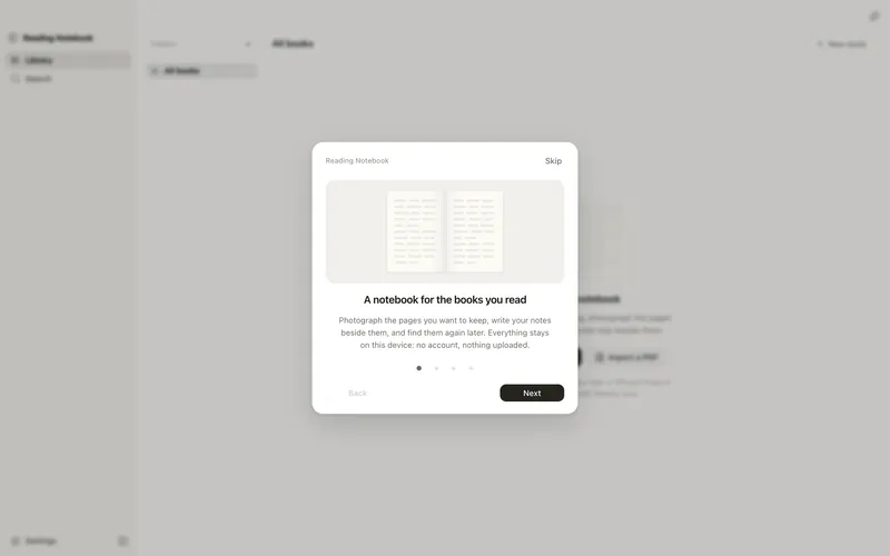 Reading Notebook's welcome screen: photograph the pages you want to keep and write notes beside them, all stored on the device.