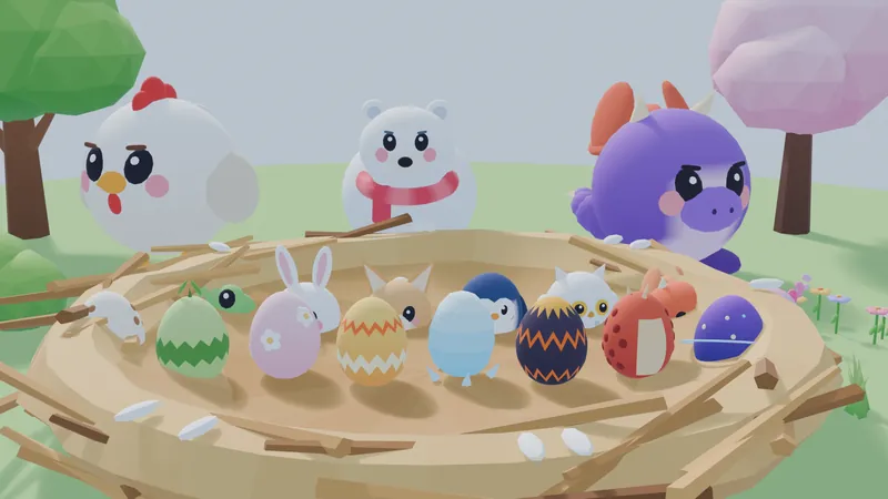 Blender render of a nest full of eggs with three pets behind it.
