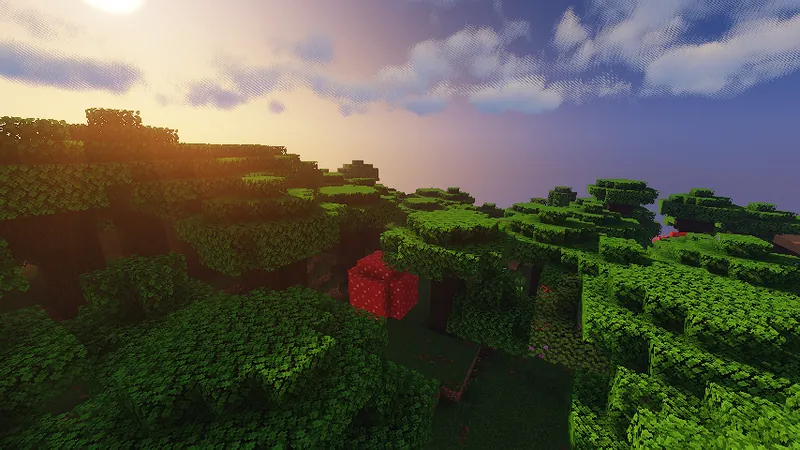 Sildur's Vibrant shader pack rendering a forest at sunset through Minecraft's Vulkan backend.